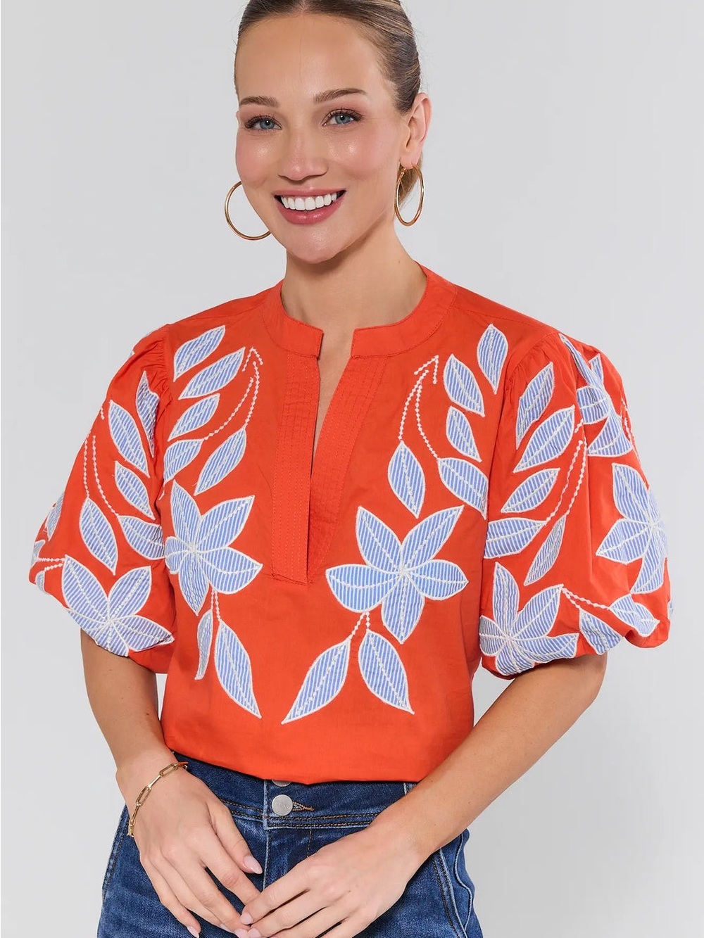 THML Boho Cottagecore Floral Embroidered Orange Puff Short Sleeve Top Size XS
